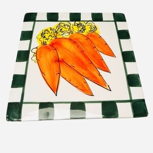 Vintage Ceramic Tile Trivet Wall Decor White & Green Checks Carrots Painted 6x6